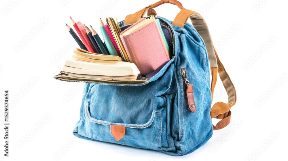 Open school backpack filled with supplies Open school backpack filled with supplies