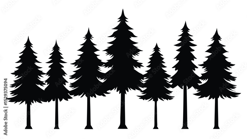 Fototapeta premium Silhouettes of seven evergreen trees in a row