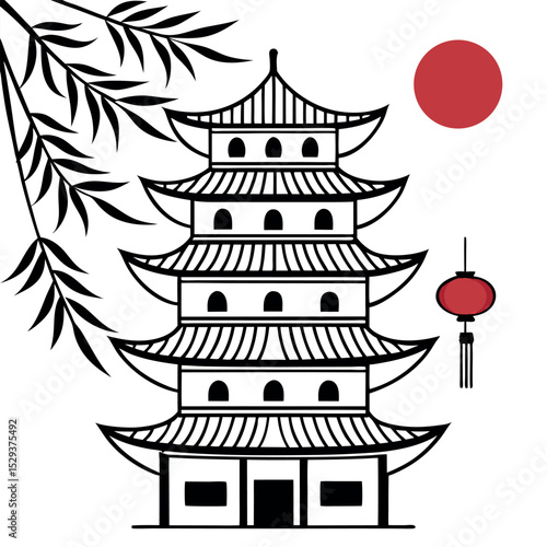 Japanese pagoda illustration featuring bamboo leaves red sun and lantern artwork