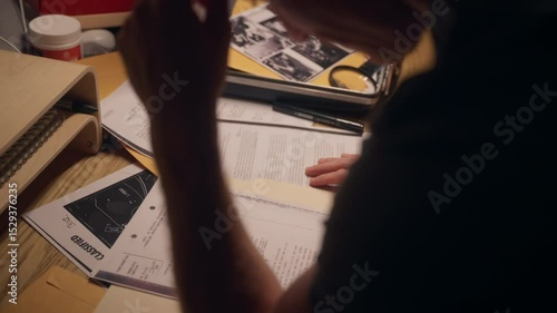 Man reading and looking at classified secret documents and reports on office desk. Agent spy or government mole or journalist reporter investigating and analyzing confidential sensitive text and info