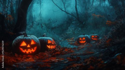 Fototapeta Naklejka Na Ścianę i Meble -  Creepy halloween scene of glowing jack o lanterns on a dark forest path with fog