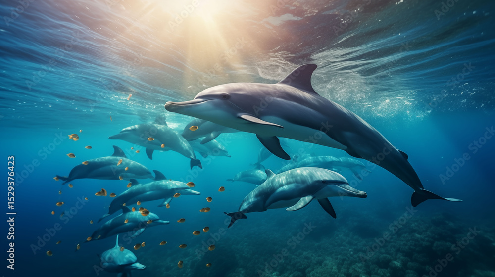 Obraz premium Group of dolphins swimming gracefully in clear blue sea
