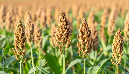 Mature sorghum stalks swaying golden in sunlight, representing agricultural sustainability and bountiful crop potential