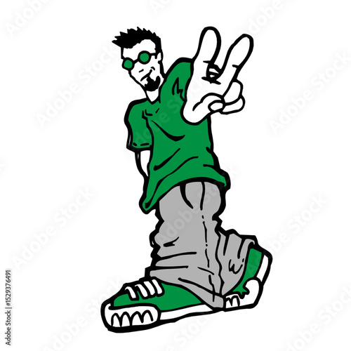 Cool hip hop character giving peace sign
