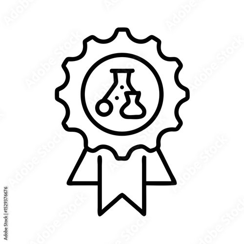 Scientific award badge with laboratory flasks and ribbons  