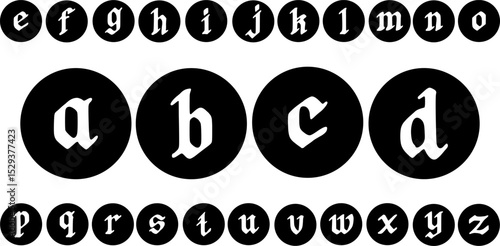 A complete set of decorative blackletter lowercase letters (a–z), each placed within a solid black circular background. This medieval-style gothic font is inspired by old English calligraphy