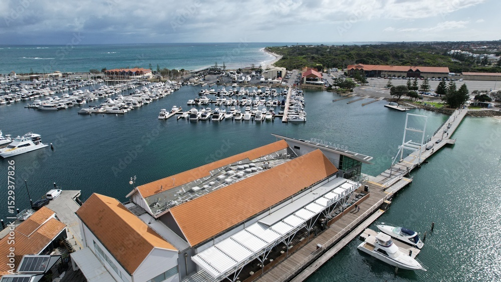 Fototapeta premium Hillarys, Australia – June 3, 2025: Aerial View of The Hillarys Boat Harbour of Perth CBD