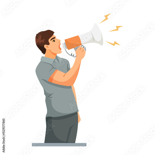 Man shouting through a megaphone with sound waves coming out, flat cartoon style on a white background. Concept of noise pollution. Vector illustration