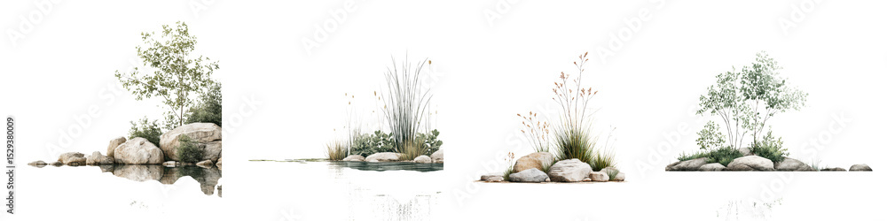 Serene natural landscape with a tranquil pond and vegetation Serene natural landscape with a tranquil pond and vegetation