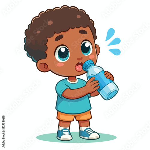 Cute thirsty boy cartoon vector drinking water from bottle