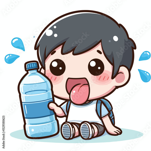 Cute thirsty boy cartoon vector drinking water from bottle