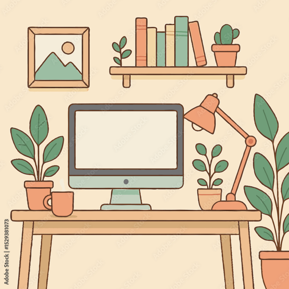 Fototapeta premium Illustrated workspace featuring a desktop computer, desk, bookshelves, and a variety of potted plants. A warm and cozy environment designed for productivity and comfort.