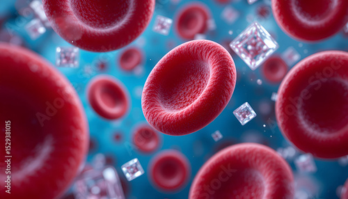 Red blood Cells and glucose in the bloodstream, blood sugar and diabetes concept image 