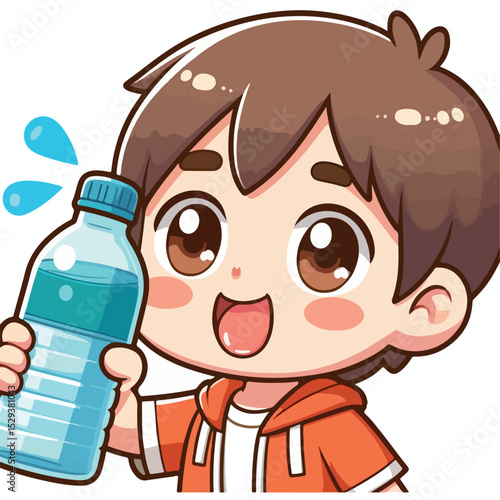 Cute thirsty boy cartoon vector drinking water from bottle