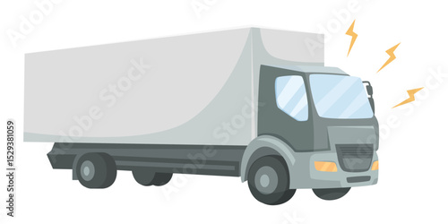 Heavy truck emitting loud noise, depicted with sound waves, cartoon style on white background. Concept of traffic noise and pollution. Vector illustration