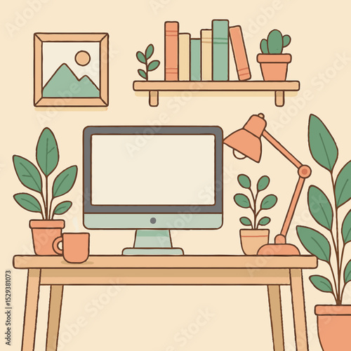 Illustrated workspace featuring a desktop computer, desk, bookshelves, and a variety of potted plants. A warm and cozy environment designed for productivity and comfort.