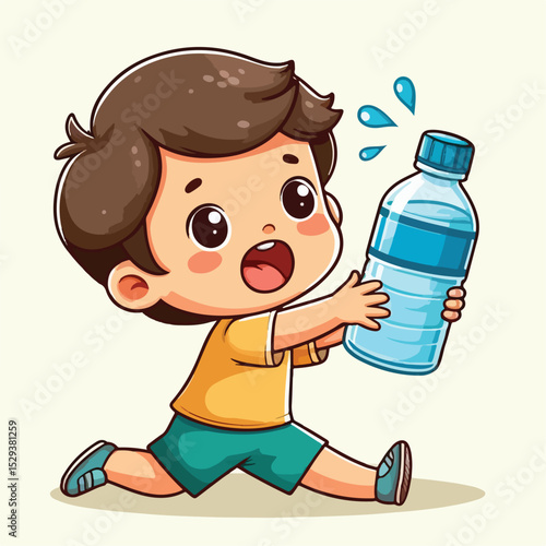 Cute thirsty boy cartoon vector drinking water from bottle