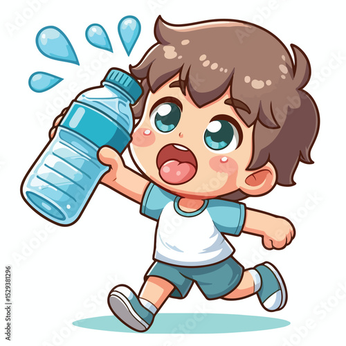 Cute thirsty boy cartoon vector drinking water from bottle