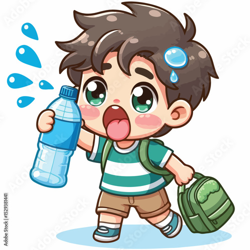 Cute thirsty boy cartoon vector drinking water from bottle