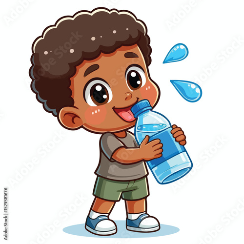 Cute thirsty boy cartoon vector drinking water from bottle