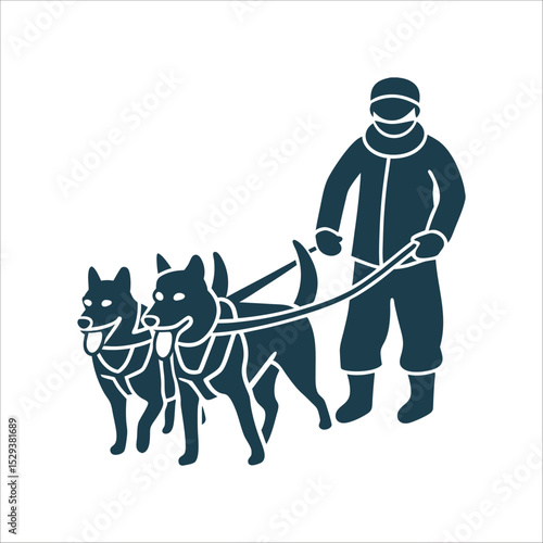 Dog Mushing Silhouette with Two Huskies Dog Mushing Simplified dogsled with musher stance