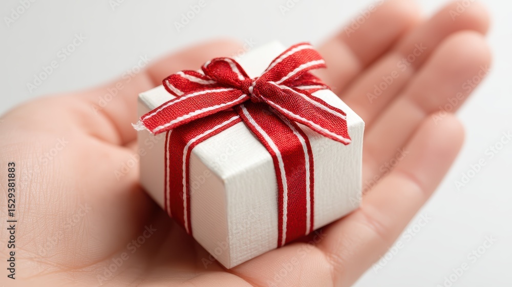 Studio close up of a human hand on a white background presenting a small gift box tied with ribbon Studio close up of a human hand on a white background presenting a small gift box tied with ribbon