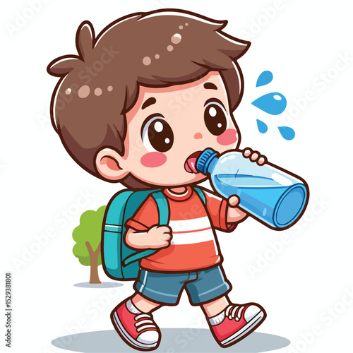Cute thirsty boy cartoon vector drinking water from bottle