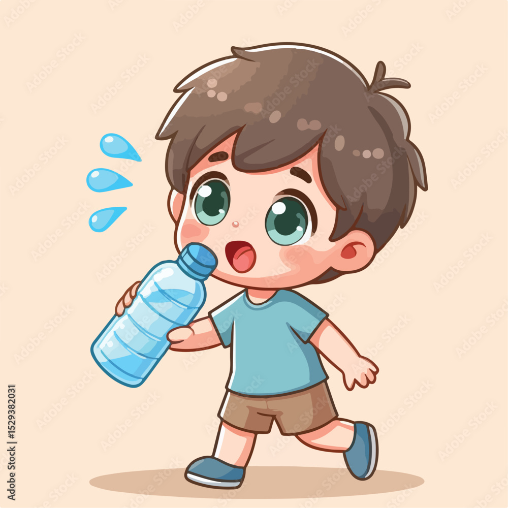 Cute thirsty boy cartoon vector drinking water from bottle Cute thirsty boy cartoon vector drinking water from bottle