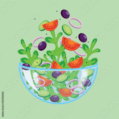  Salad, food, dishes, menu, illustration, restaurant, signboard, sticker, tomato, arugula, onion, olives, pepper, cucumbers, cucumber, plate, glass, dishes, kitchen, haute cuisine, dining room, drawin
