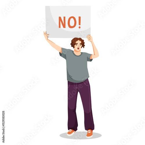 Young person angrily protesting while holding a NO sign, flat cartoon graphic style, isolated on white background. Concept of activism. Vector illustration