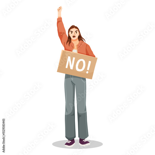 Furious young woman holding a protest sign saying NO with a raised fist, cartoon style on white background. Concept of resistance. Vector illustration