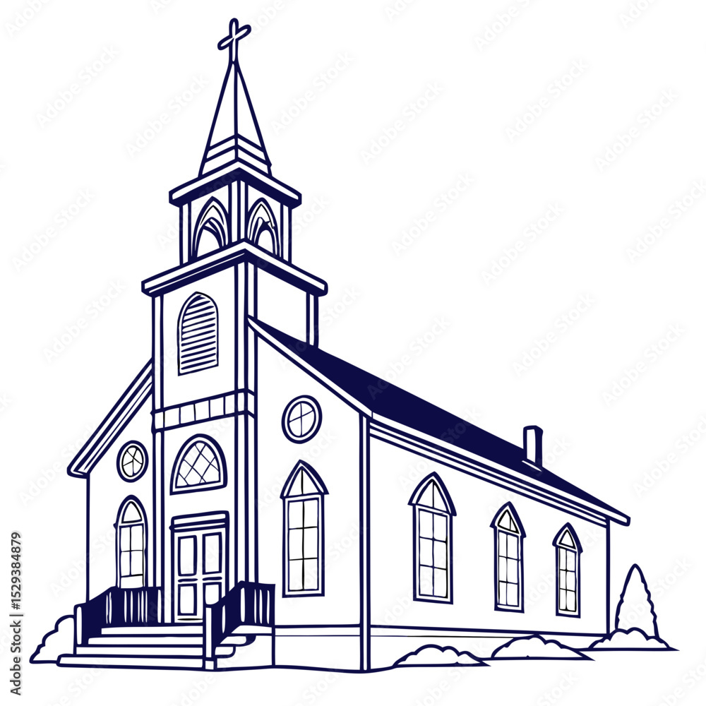Fototapeta premium Illustration of a classic church building with a tall steeple, arched windows, and a welcoming entrance, surrounded by trees and a serene landscape, symbolizing faith and community
