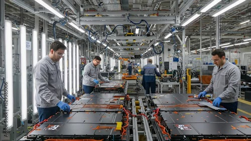 Factory Workers Assembling Electric Vehicle Batteries