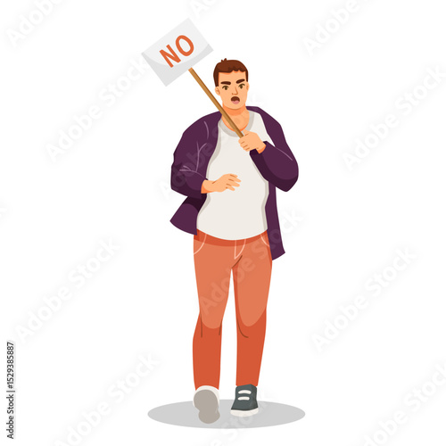 Man protesting with NO sign, cartoon style on white background, concept of disagreement or resistance. Vector illustration