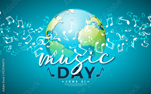 World Music Day Banner Illustration with Musical Notes, Earth Globe and Typography Letter on Blue Background. Vector International June 21 Festival Design Template for Post Card, Greeting Card