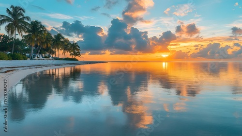 Beautiful beach sunrise in the Florida Keys with palm trees and calm ocean reflections