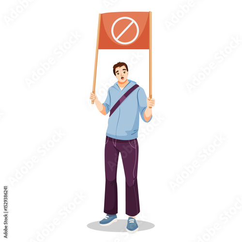 Young man standing with a protest sign, cartoon style on white background. Concept of social demonstration and activism. Vector illustration