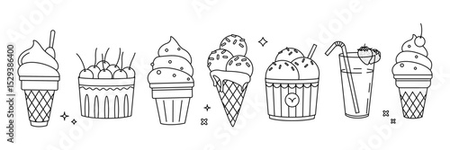 Set of ice cream isolated on white background. Vector set of line art ice cream and cocktail.
