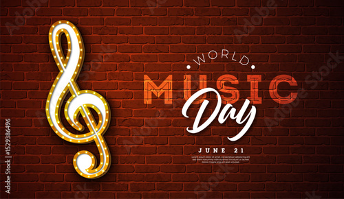 World Music Day Banner Illustration with Light Bulb Signboard Musical Notes and Typography Letter on Vintage Brick Wall Background. Vector International June 21 Festival Design Template for Post Card
