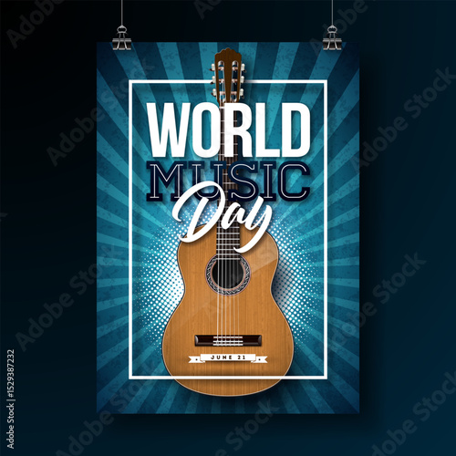 World Music Day Poster Illustration with Musical Notes and Typography Letter on Blue Background. Vector International June 21 Festival Design Template for Post Card, Greeting Card, Holiday Banner