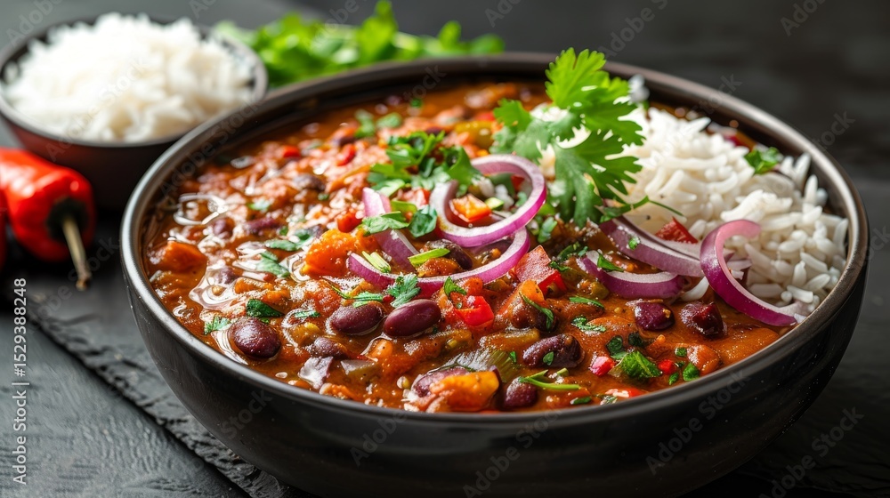 A vibrant bowl of vegetable chili is served with fluffy rice, garnished with fresh herbs, sliced onions, and a sprinkle of chili for a perfect mix of flavors and textures. A vibrant bowl of vegetable chili is served with fluffy rice, garnished with fresh herbs, sliced onions, and a sprinkle of chili for a perfect mix of flavors and textures.