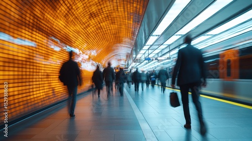 Busy subway platform with blurred figures, orange-toned wall
