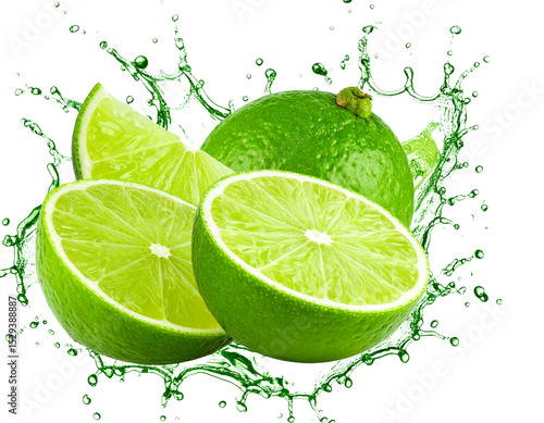 Juicy Lime Half with Splashing Juice Droplets, Dynamic Side Angle, Isolated on Transparent Background