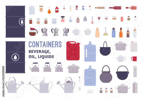 Container water, oil, beverage, vessel objects to hold, store, sell, transport liquids pack. Bottles, jugs, barrels, tanks, vials, cups, teapots bundle set, restaurant house items. Vector illustration