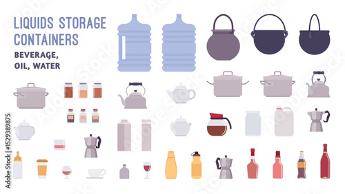 Variety of containers for liquids pack, bottles, jars, barrels, pots, cans, jugs set. Cleaning, cooking products items, storing, holding, transporting and dispensing beverage pack. Vector illustration