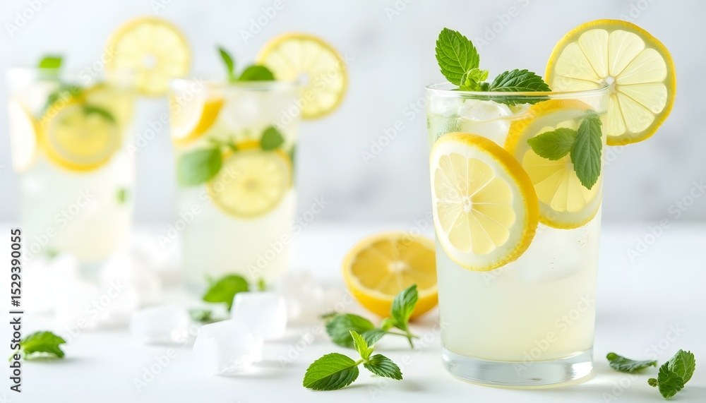 Fototapeta premium Refreshing lemonade with lemon slices and mint leaves on table 
