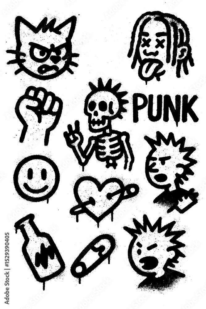 Graffiti Punk Icons – Spray Paint Symbols with Blood Splatter Effect (Transparent PNG) Graffiti Punk Icons – Spray Paint Symbols with Blood Splatter Effect (Transparent PNG)
