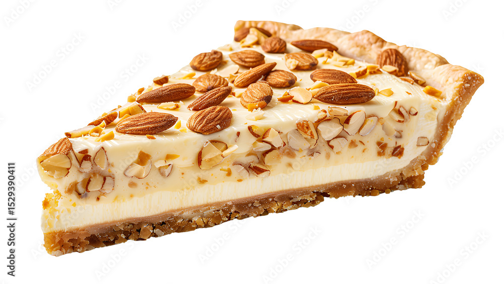 Creamy Almond Cheesecake Slice Isolated on White Creamy Almond Cheesecake Slice Isolated on White