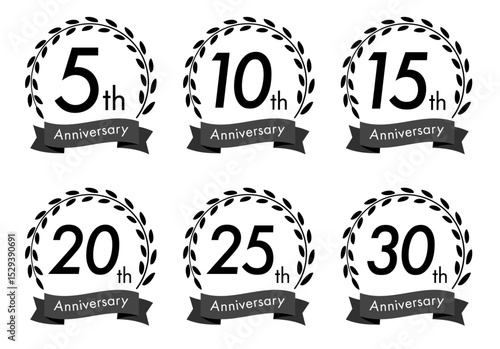 5周年・10周年・15周年・20周年・25周年・30周年のアニバーサリーロゴ(anniversarry logo エンブレム 月桂樹 お祝い ベクター 編集可能 シンプル モノクロ)