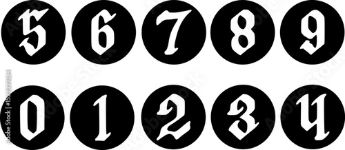 Gothic uppercase letters A-Z in black circles. Vintage blackletter style for logos, posters, tattoos, and medieval-themed designs.